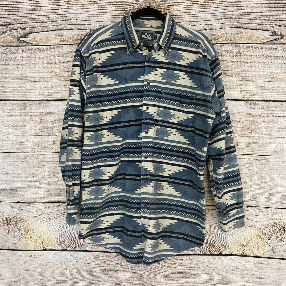 Woolrich Vintage Blue and White Aztec Button Down Flannel